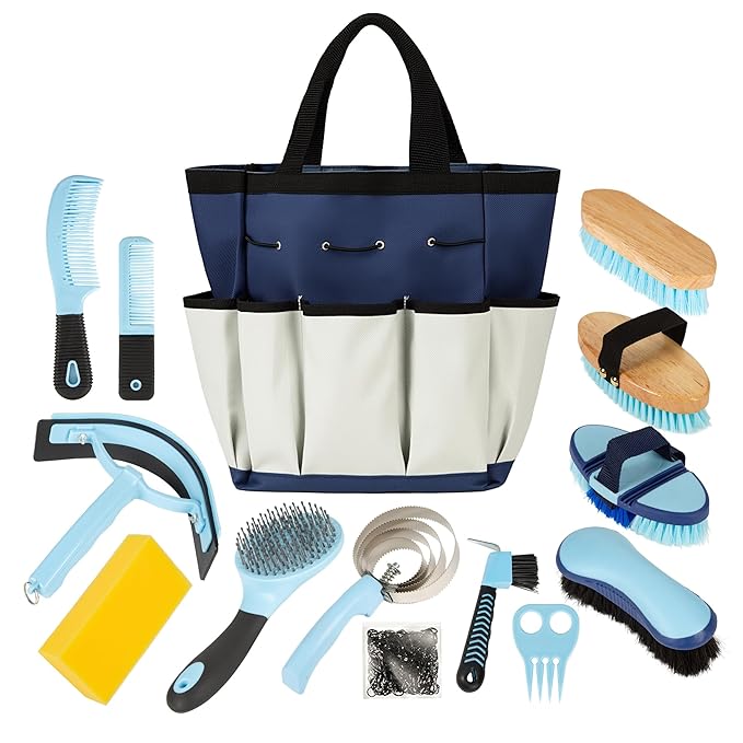 Horse Grooming Kit, 14-in-1 Professional Horse Brush Supplies Set for Grooming & Care, with Horse Brushes, Curry Comb, Hoof Pick & Waterproof Storage Tote Bag for Shining, Detangling, Massaging
