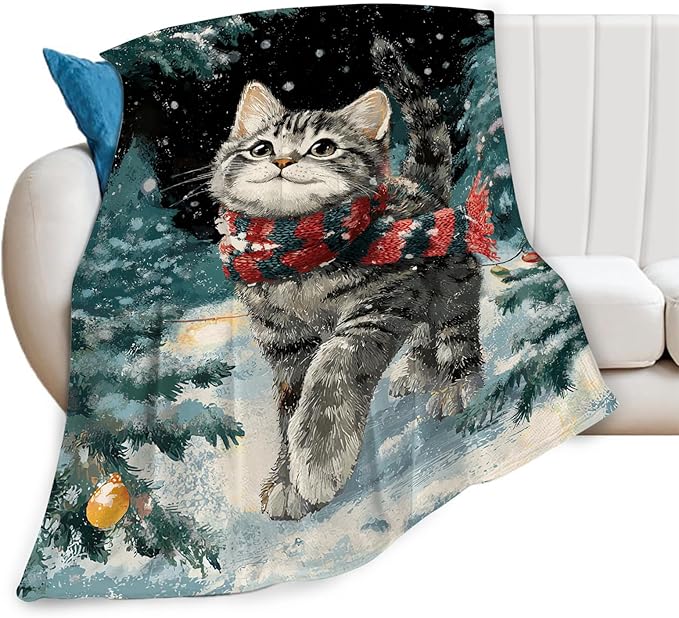 Cat Blanket Christmas Winter Night Throw Blankets Kitten Gifts for Girls Boys Kids Cat Lover Soft Cozy Fleece Plush for Couch Sofa Bed 60"x50"