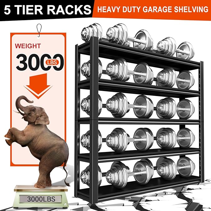 72" H Garage Shelving, Heavy Duty Storage Shelves, 3000LBS Steel Shelving, 5-Tier Adjustable Metal Shelf Units for Industrial, Warehouse, Basement (H72'' W47.2'' D19.6'')