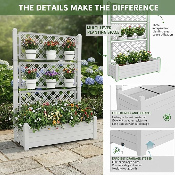 5.3' Tall Raised Garden Bed with Trellis, Outdoor Resin Plant Stand Planter Box with Drainage Plug for Veg/Fruits/Herb/Flower Best Choice for Backyard, Patio, Balcony (Ashen, 3 Pack)
