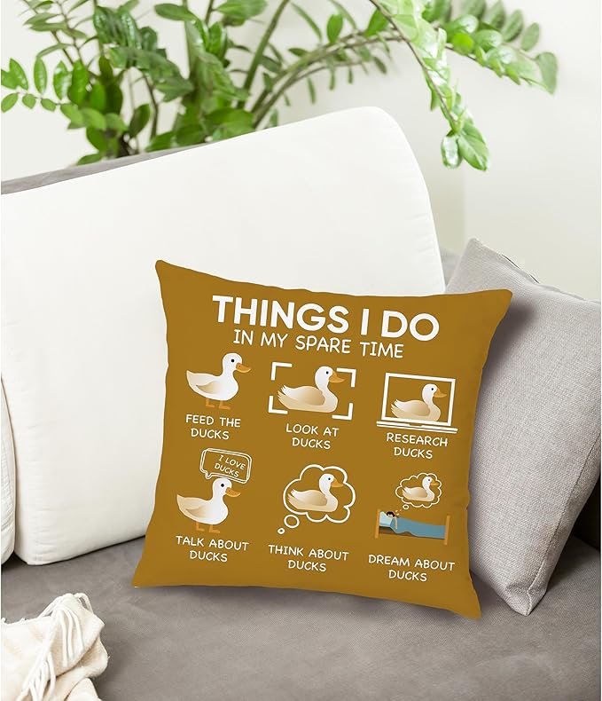 Funny Duck Throw Pillow Covers 18 x 18-Things I Do in My Spare Time Duck Decorative Pillow Covers,Funny Duck Gifts,Duck Gifts for Duck Lovers,Duck Themed Gifts for Women (Mustard Yellow)