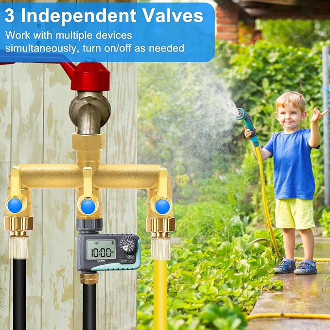Garden Hose Splitter Full Flow, 3 Way Heavy Duty Outdoor Brass Hose Splitter with Metal Shutoff Valve and Long Handle Outdoor Faucet Diverter, 3/4" GHT Threads，Water Flow Increase