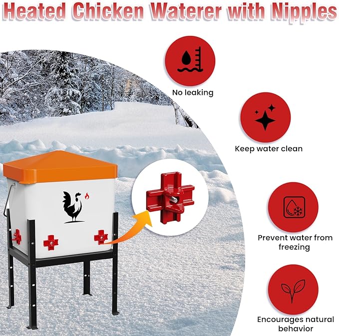 Heated Chicken Waterer, 1.8 Gallons Chickens Poultry Waterer with Nipples, Height Adjustable & Detachable Stand, All-Season Chicken Coop Waterers, Chicken Water Heater (7L, Orange Cover)