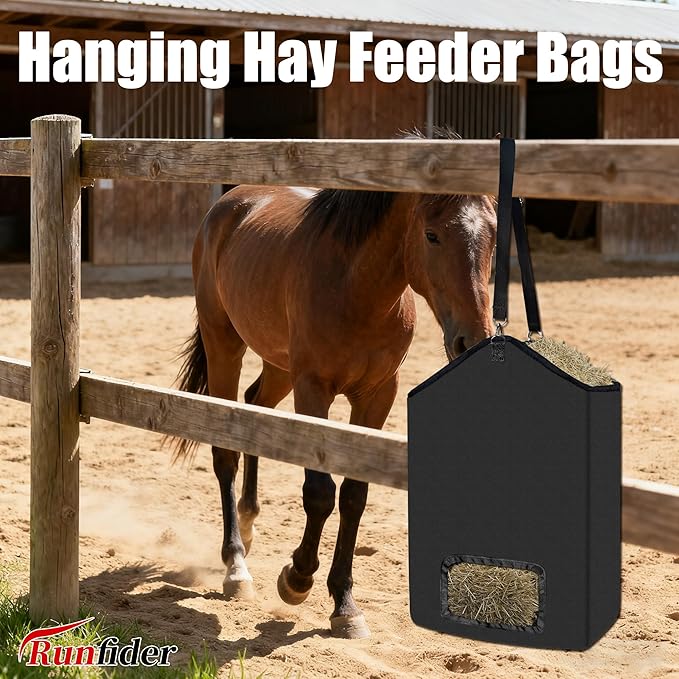 2-Pack Hanging Hay Feeder Bags, 19.7x17.7x6 Inch Slow Feed Hay Net for Horses, Goats, Cows, Alpacas, Durable Oxford Cloth with Metal Rings & Strap, Reduce Waste & Keep Feed Dry