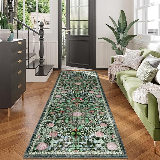 AMTOVO 2x6 Runner Rug for Hallway, Washable Non-Slip Long Kitchen Carpet, Floral Vintage Distressed Floor Mat for Hallways Entryway Living Room Laundry Room Bathroom Farmhouse, Dark Green