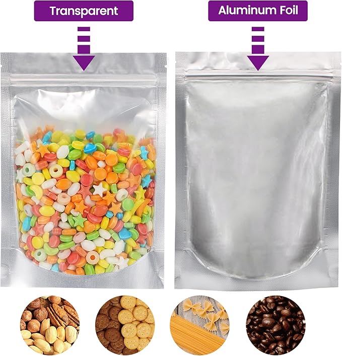 120pcs Mylar Bags for Food Storage with Oxygen Absorbers 300cc 500cc (50 Packs Each), Resealable Pouches 4 Sizes Mix Bundle 30 Each (10x14, 7x10, 5x7, 4x6 Inches), Stand Up with Clear Window