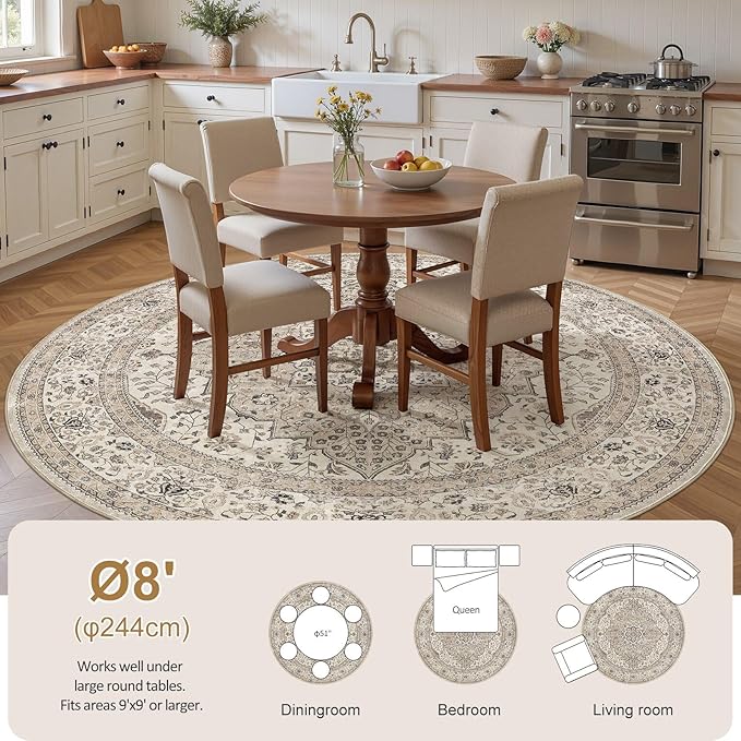 Washable 8 Ft Round Area Rug - Vintage Floral Stain & Fade Resistant Non-Slip Backing Carpet for Living Room, Bedroom, Dining Room, Home Office Floor Decor Large Carpets (Brown/Beige)
