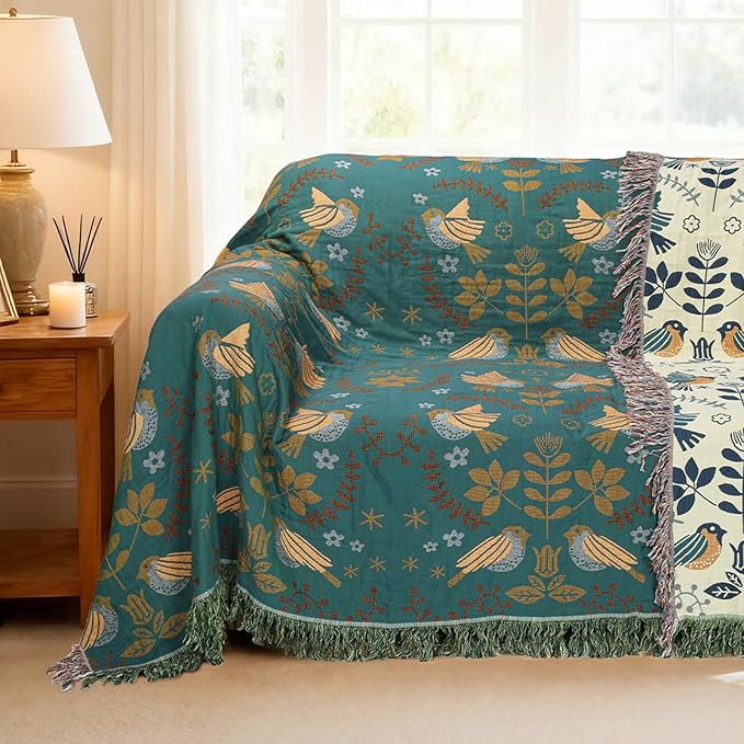 MACEVIA 100% Cotton Boho Throw Blanket, Soft Lightweight Green Bird Floral Design, 90"x98" King Size Bedspread for Couch Sofa, Bed, Travel, Cottagecore Decor, with Fringe Tassels (Bird Floral)