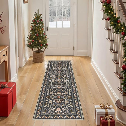 Runner Rug for Hallways Kitchen: 2x6 Washable Area Rug Boho Floral Soft Long Rug - Non-Slip Low Pile Throw Indoor Carpet for Entryway Kitchen Bedroom Laundry Bathroom - Black Grey