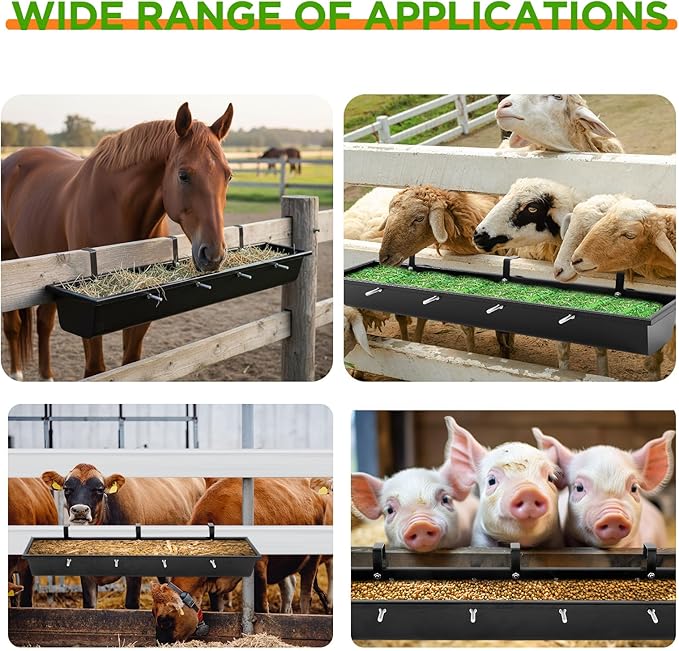 3 Pcs 26" Galvanized Steel Goat Feeder Hanging Trough 7.8 Quart Five Slot Heavy Duty Horse Livestock Fence Mount Feeder Divided Hook Over Rack Goat Water Trough for Horse Pig Dog