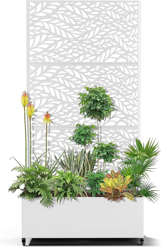 15.7"×70.9"×35.4" Metal Raised Garden Bed with Trellis and Wheels - Tall Trellis Planter Box for Climbing Plants, Vegetables & Vines - Outdoor Privacy Planters for Patio (White-Spring)