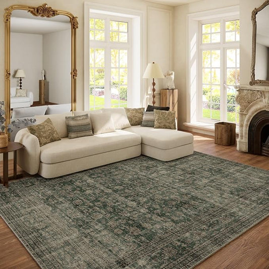 Washable Living Room Area Rug: 6x9 Area Rugs for Bedroom Vintage Stain Resistant Non Slip Low Pile Lightweight Boho Carpet for Kitchen Dining Room Farmhouse Kids Room Nursery