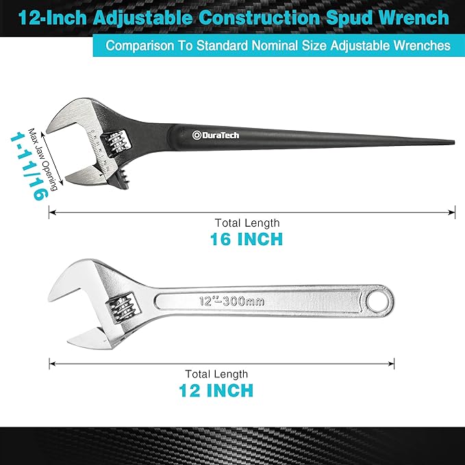 DURATECH 12-Inch Adjustable Construction Spud Wrench, Black Oxide Finish, CR-V Steel, SAE and Metric Scale Marked, Alignment Holes and Tail Crowbar Features