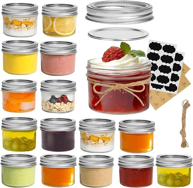 ComSaf Mini Mason Jars 4oz - 16 Pack, Regular Mouth Mason Jar with Lids and Seal Bands, Small Glass Canning Jar for Spice, Jam, Honey, Jelly, Dessert, Shower Wedding Favors, DIY Candles Decor