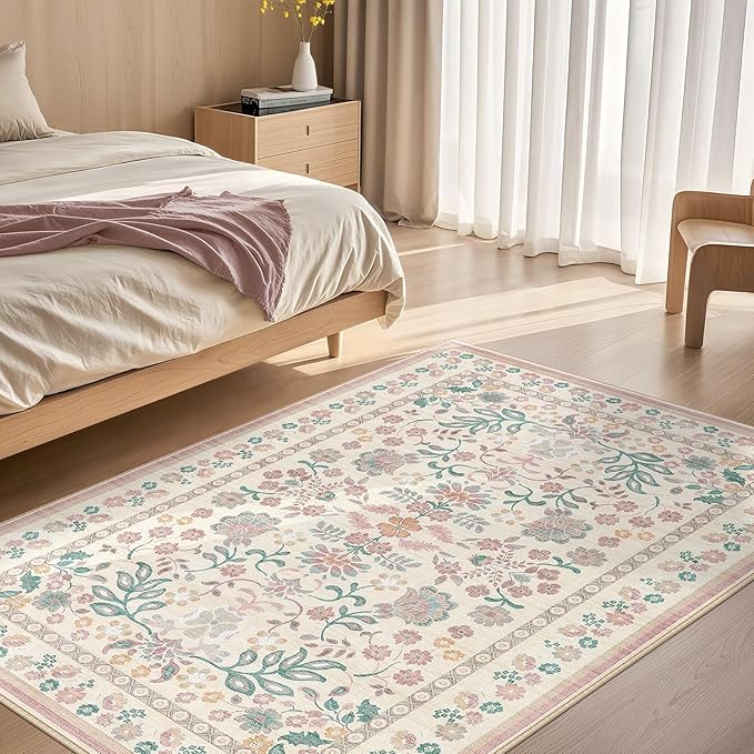 4x6 Area Rug Living Room Rugs - Washable Boho Vintage Floral Large Soft Non Slip Thin Rug Low Pile Carpet for Bedroom Dining Room Kids Playroom Office Decor Indoor- Pink