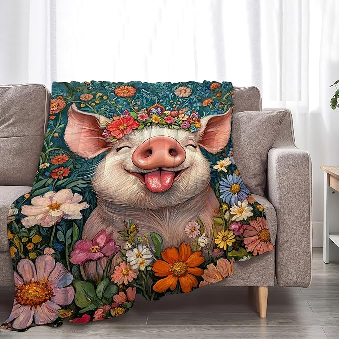 Pig Blanket Gifts for Girls Boys Soft Warm Plush Cute Pig Flower Throw Blanket Flannel Fleece Fuzzy Animal Blankets for Women Man Kids Lover Bed Couch Living Room Decor 80"X60"