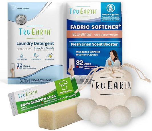 Tru Earth Platinum Laundry Essentials Bundle - Laundry Detergent Bundles Set with Fabric Softener, Laundry Sheets, Stain Remover Stick and Dryer Balls - Fresh Linen