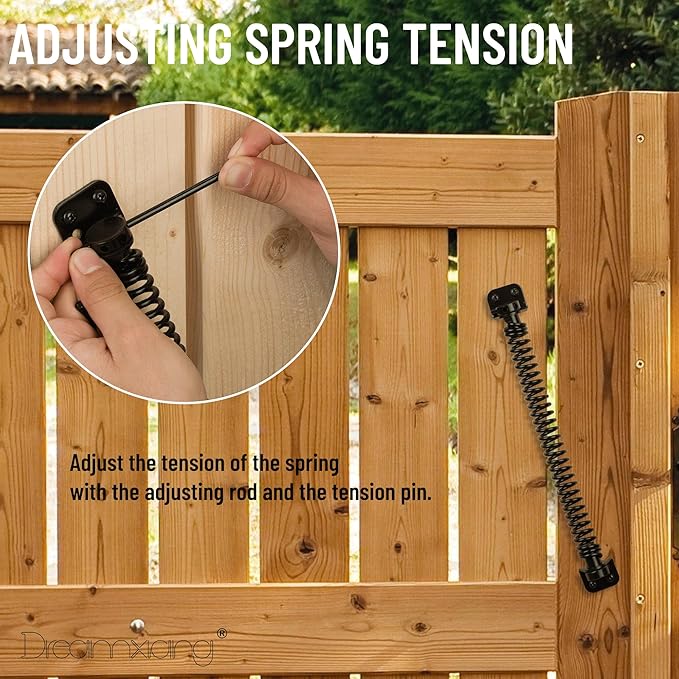 11-1/2" Gate Spring Self Closing Heavy Duty Outdoor Door Spring Automatic Fence Gate Closure Hardware Spring Loaded Gate Latch with Adjustable Tool for Wooden and Vinyl Fence, Black (1 Pack)