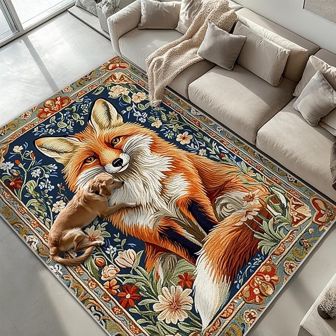 6x9 Fox Area Rugs Boho Floral Flower Rug for Living Room Indoor Soft Non-Slip Thin Large Carpet Vintage Rugs for Bedroom Home Decor Under Table Washable Machine