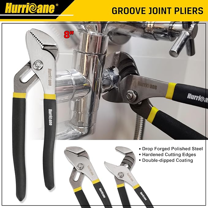HURRICANE 7 Pieces Pliers Set, 8 inch Groove Joint Pliers, 8 inch Slip Joint, 7‘’ Linesman, 6‘’ Slip Joint, 6‘’ Diagonal, 6‘’ Long Nose, Mini Long Nose, for DIY & Home Use