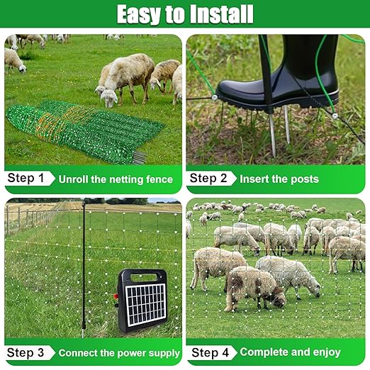47"x164' Portable Electric Fence Netting All-in-One Solar Kit for Goats, Sheep, Gardens, Beehives, Dogs, and More for Livestock, Farms, Backyards and Ranches