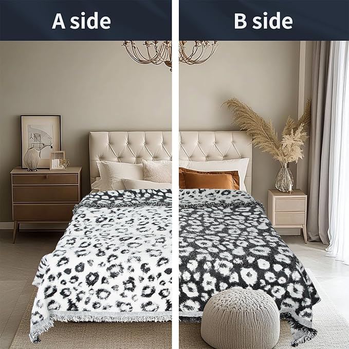 MACEVIA Boho Throw Blanket for Bed, Snow Leopard Printed Blanket, Woven Boho Blankets and Throws with Tassel for Couch Sofa, All Season Home Decor Cheetah Blanket (Snow Leopard 50"×70")
