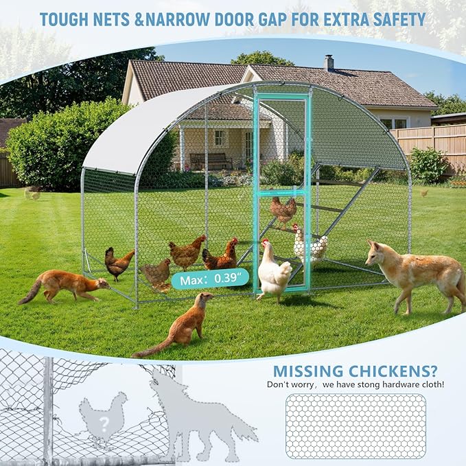 Large Chicken Coop,10x6.5x6.5FT Metal Chicken Run for Yard with Feeding Door, Round Top Walk-in Chicken Pen,Outdoor Poultry Cage with Anti-UV Cover,Rabbit Duck House
