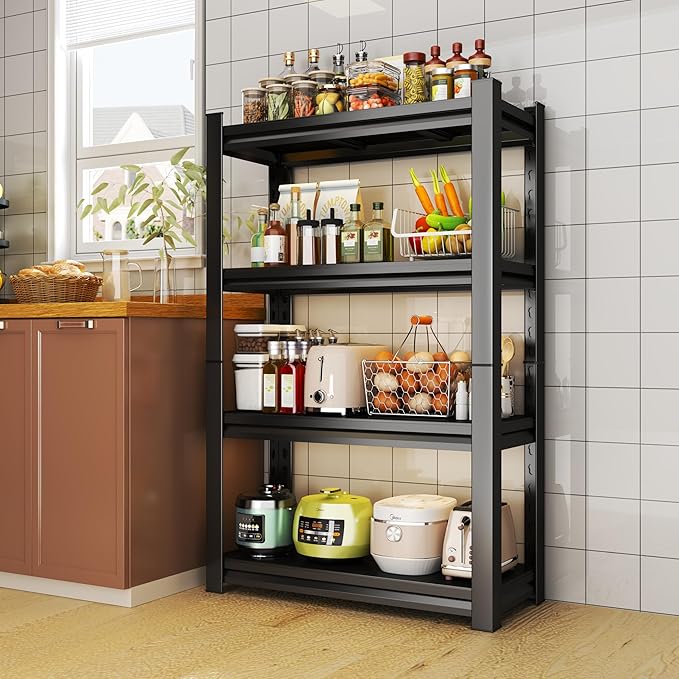 63''Storage Shelves, 4-Tier Garage Metal Shelving Unit, Adjustable, Double-Layer Column with Reinforced Ribs, Heavy-Duty, Capable of Bearing 2400 lbs Suitable for Garage, Warehouse, Kitchen Storage