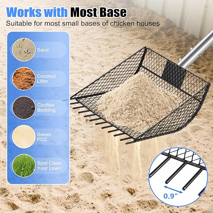 CAROD Chicken Poop Scooper & Rake 2-in-1, Metal Chicken Scoop with 24 to 68" Adjustable Stainless Steel Handle, Litter Scooper Sand Sifting Shovel Chicken Coops/Animals House