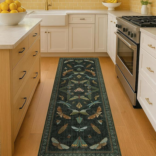 Insect 2x7 Stain Resistant Kitchen Runner Rugs, Vintage Bathroon Rug Non Skid, Low Pile & Soft Non Slip with Rubber Backed, Dark Green Boho Room Decor for Bedroom