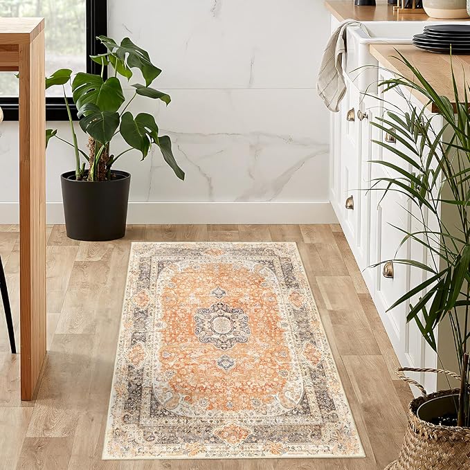 Small Rugs 2x3,Boho Rug for Entryway Bathroom Bedroom Kitchen Entrance Doormat,Vintage Bohemian Distressed Washable Accent Floor Throw Carpet Non Slip,Retro Orange Grey Floral