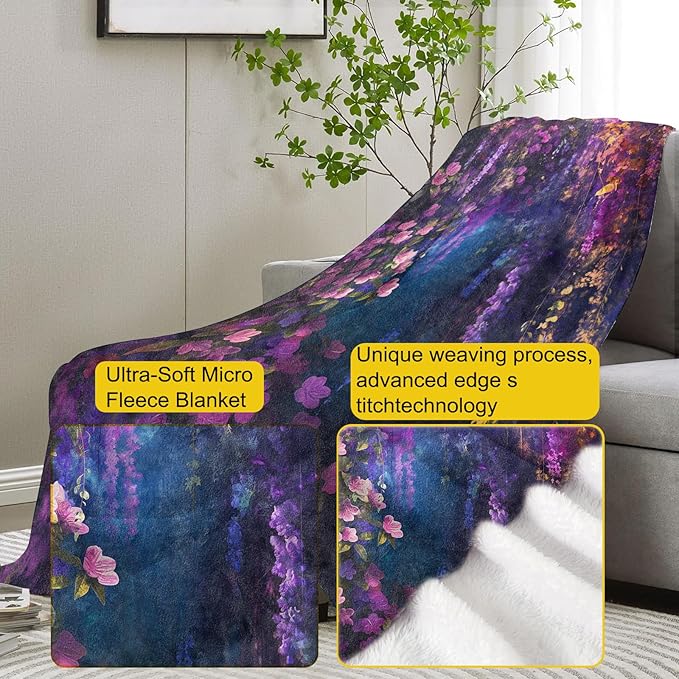 Floral Blanket, 40"x50" Purple Flowers Floral Flannel Fleece Throw for Kids & Adults, Ultra-Soft and Warm Home Decor Blanket, Women Floral Gifts