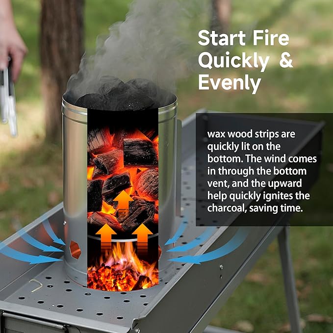 WILLBBQ Charcoal Chimney Starter, Heavy Duty Premium Chimney Starter for Charcoal Grills BBQ Accessory with Heat Resistant Wooden Handle for Outdoor Grill Camping (‌Silvery)