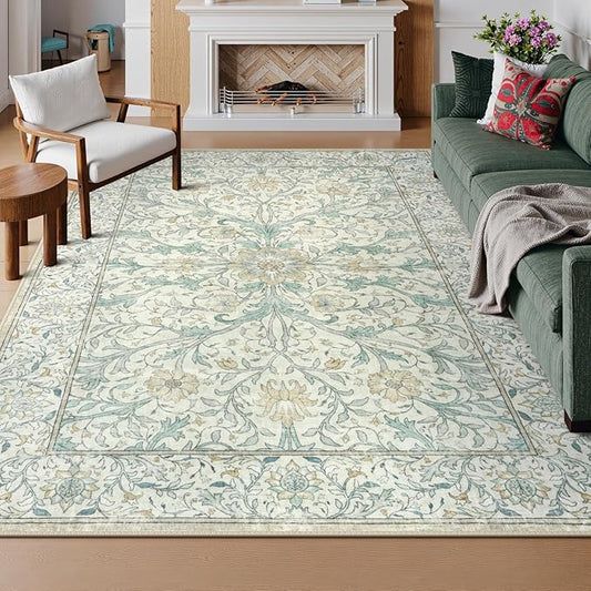 Collive 8x10 Area Rugs for Living Room, Washable Neutral Hand-Painted Floral Bedroom Rug, Vintage Distressed Non Slip Low Pile Large Carpet, Soft Retro Dining Room Office Rug, Ivory/Light Turquoise