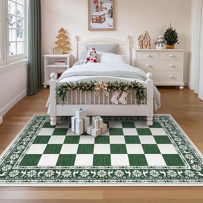 GarveeHome Green 5x7 Area Rugs for Living Room, Washable Rug for Christmas Decor, Indoor Non Slip Carpet, Checkered Soft Low Pile Christmas Rug for Bedroom, Dining Room