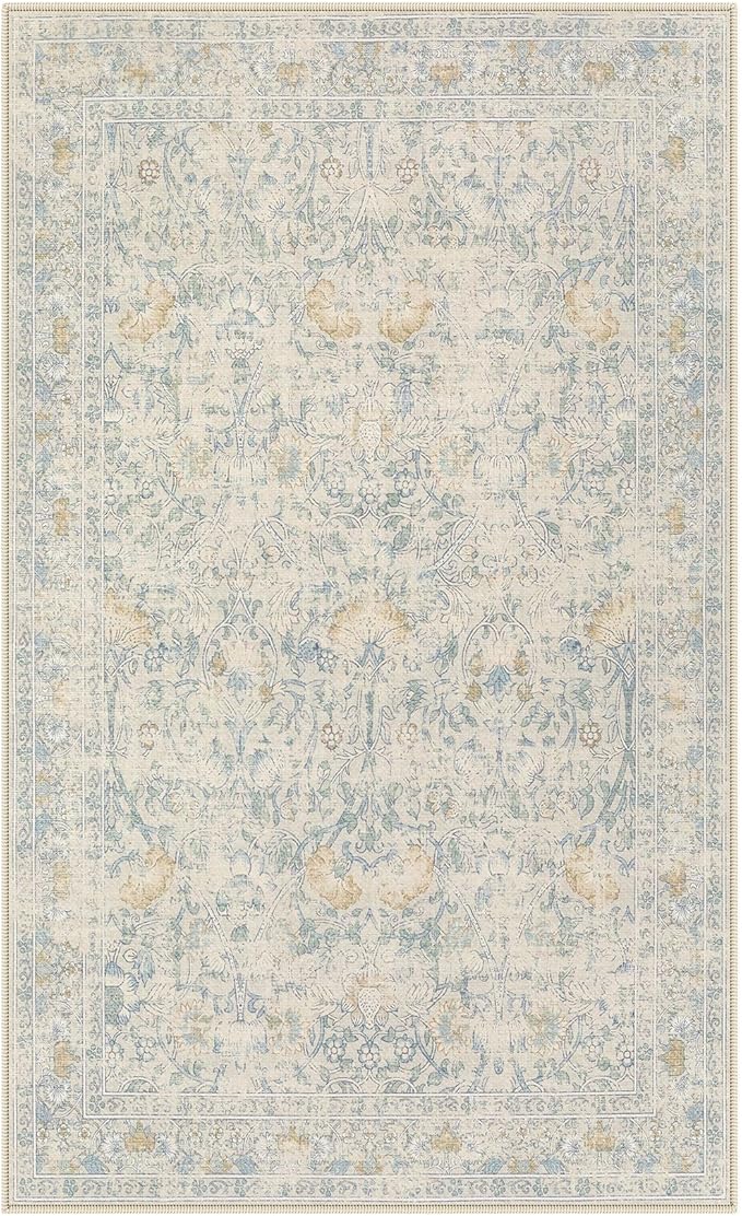 3x5 Area Rug Living Room Rugs - Washable Boho Vintage Floral Large Soft Non Slip Thin Rug Low Pile Carpet for Bedroom Dining Room Kids Playroom Office Decor Indoor- Light Blue