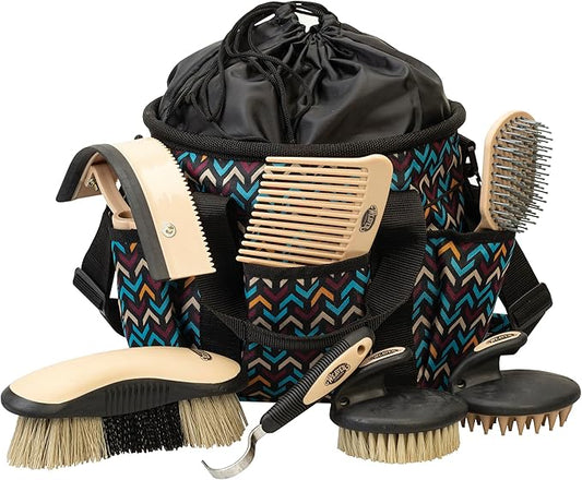 Weaver Leather Horse Grooming Kit, 7-piece Brush Set with Organizer Tote Bag, Equine Care, Horse Track Room Equipment, Grooming Supplies, Insignia