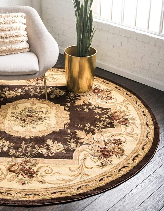 Unique Loom Versailles Collection Traditional Classic Floral Motif Area Rug (6' 0 x 6' 0 Round, Brown/ Ivory)