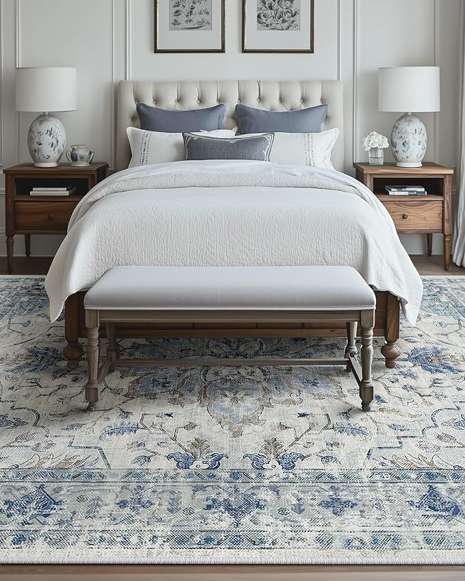 Area Rugs 9'x12' Washable Non-Slip, Floral Vintage Distress Print Pattern Medallion Carpet for Living Room Bedroom Dining Room, Light Blue Navy Beige Gray White