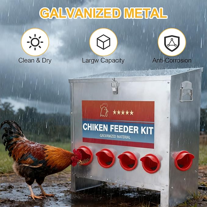 Automatic Chicken Feeder Large Capacity 85lbs Metal Chicken Feeder with Latch & Handle for Chickens, Geese, Ducks, Turkeys, Quails, Weatherproof (6-Port)