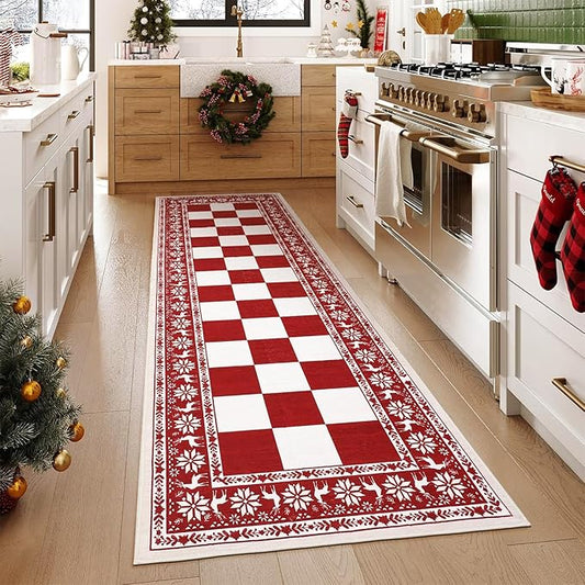 GarveeHome Red 2x6 Runner Rug, Washable Rug for Christmas Decor, Indoor Non Slip Carpet, Checkered Soft Low Pile Christmas Rugs for Kitchen, Entryway, Living Room, Bedroom