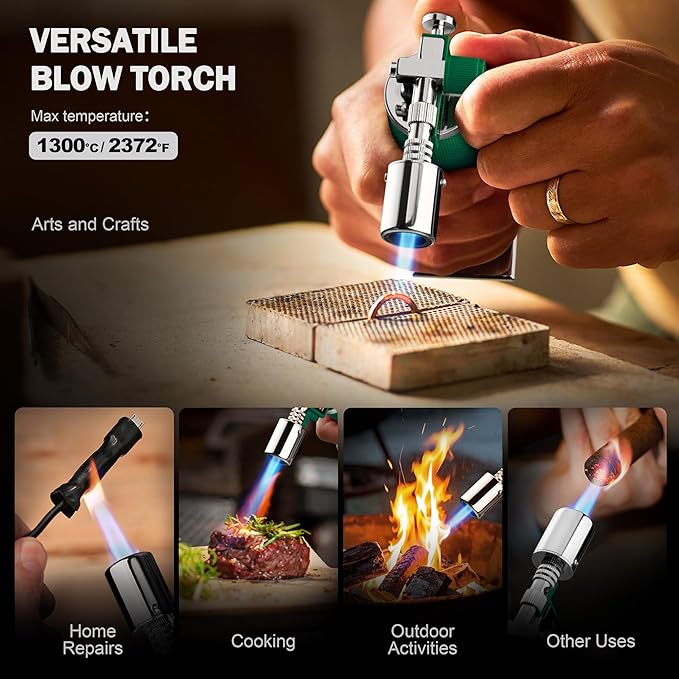RAVS Butane Torch Lighter, Creme Brulee Torch with Adjustable Flame, Cooking Torch for Baking, BBQ, DIY, Christmas Gifts Stocking Stuffers Gifts for Women, Green, Butane Gas Not Included