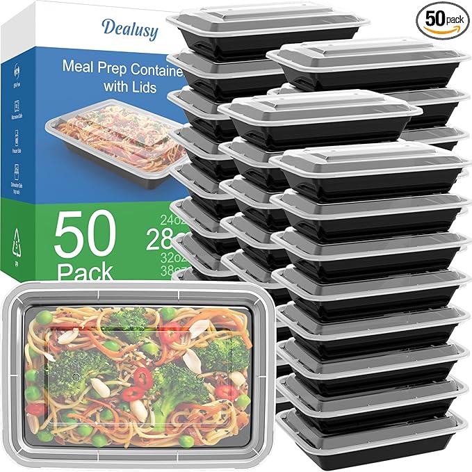 50 Pack (100-Piece) 28 oz Meal Prep Containers Reusable with Lids, Sturdy Leakproof & Food Safe, Microwave, Freezer, Dishwasher Safe Prep Containers, To Go Take Out Plastic Food Storage