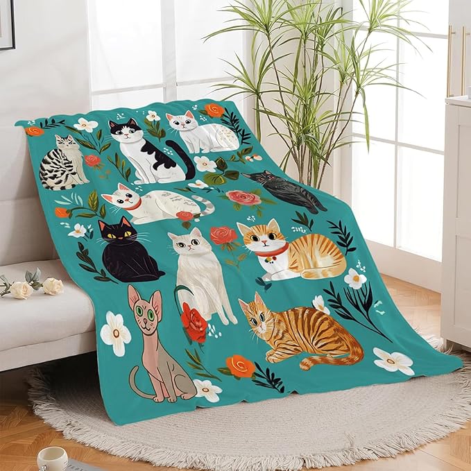 Cat Blanket, Cats Throw Blanket, Floral Gifts Blankets Stuff Fleece Flannel Plush for Girls Women Men Boys Lovers Adults Soft Bedding Gift for Sofa Bed Office Home Decor 80"x60"