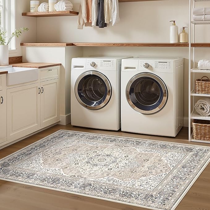 3x5 Washable Entryway Rug: Non-Slip Soft Indoor Throw Area Rug for Living Room Bedroom Kitchen, Boho Floral Distressed Durable Carpet for Hallway Bathroom Laundry Home Decor (Camel/Beige)