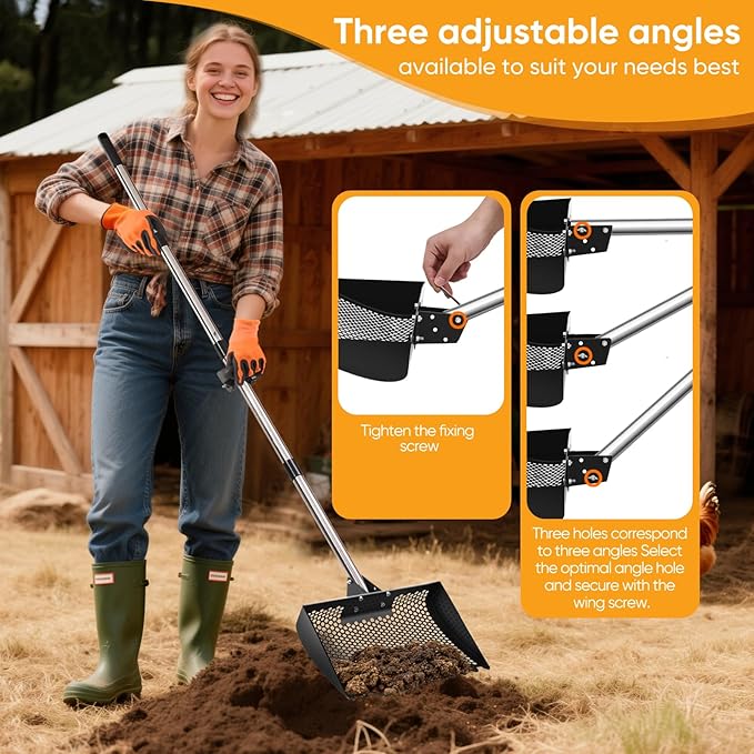 12inch Chicken Poop Scooper & Rake 2-in-1, Heavy Duty Metal Chicken Coop Scoop for Sand with Ergonomic Grip, Adjustable Angle Stainless Steel Chicken Coop Rake Litter Sifting Shovel (37-64")