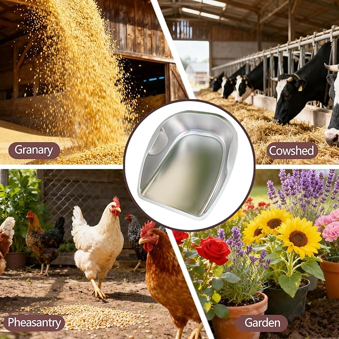 Feed Scoop for Livestock, Stainless Steel Feed Grain Scoop – with Dual-Side Handles, Stackable One-Piece Design, Durable Poultry Feed Scoops – for Chicken & Bird Raising, Gardening and Farm