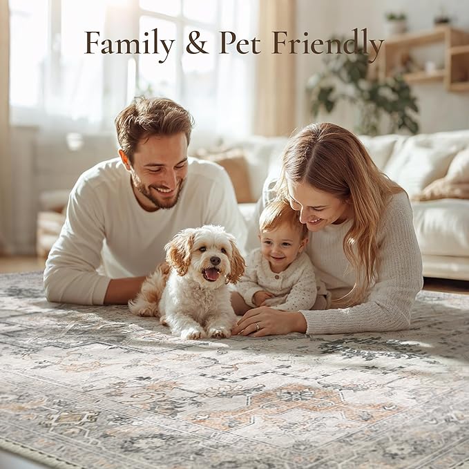 GENIMO 7x10 Area Rugs for Living Room, Non Slip Machine Washable Vintage Rugs, Low Pile Lightweight Chenille Print Large Rug for Bedroom, Dining Room, Home Office, Light Taupe Brown