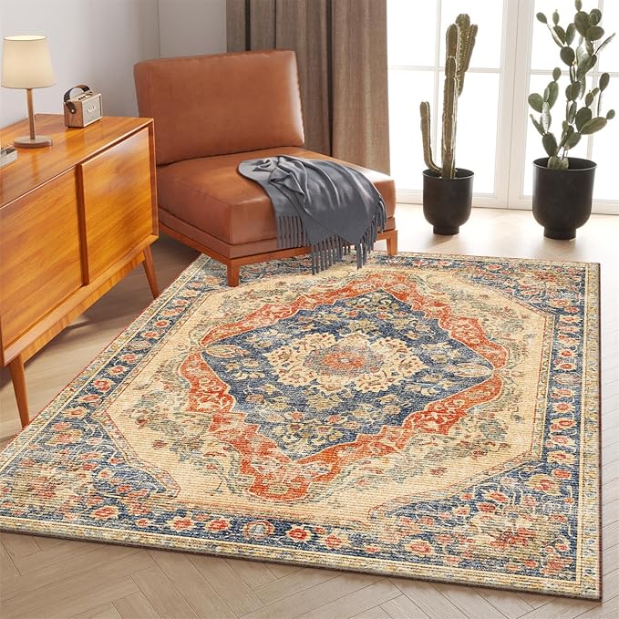 Area Rug 4x6 Living Room,Machine Washable Rugs,Stain Resistant Soft Thin Non-Slip Floral Carpet, Orange Boho Vintage Home Decor,for Indoor Bedroom,Office,Farmhouse,Dining,Dorm