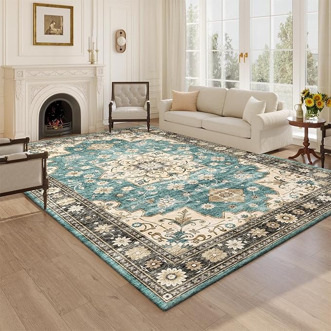 Area Rug 4x6 Living Room Rugs,Machine Washable Rug,Stain Resistant Soft Thin Floral Carpet,Green Boho Vintage Home Decor,Indoor Non-Slip Rugs,for Bedroom,Office,Farmhouse,Dining